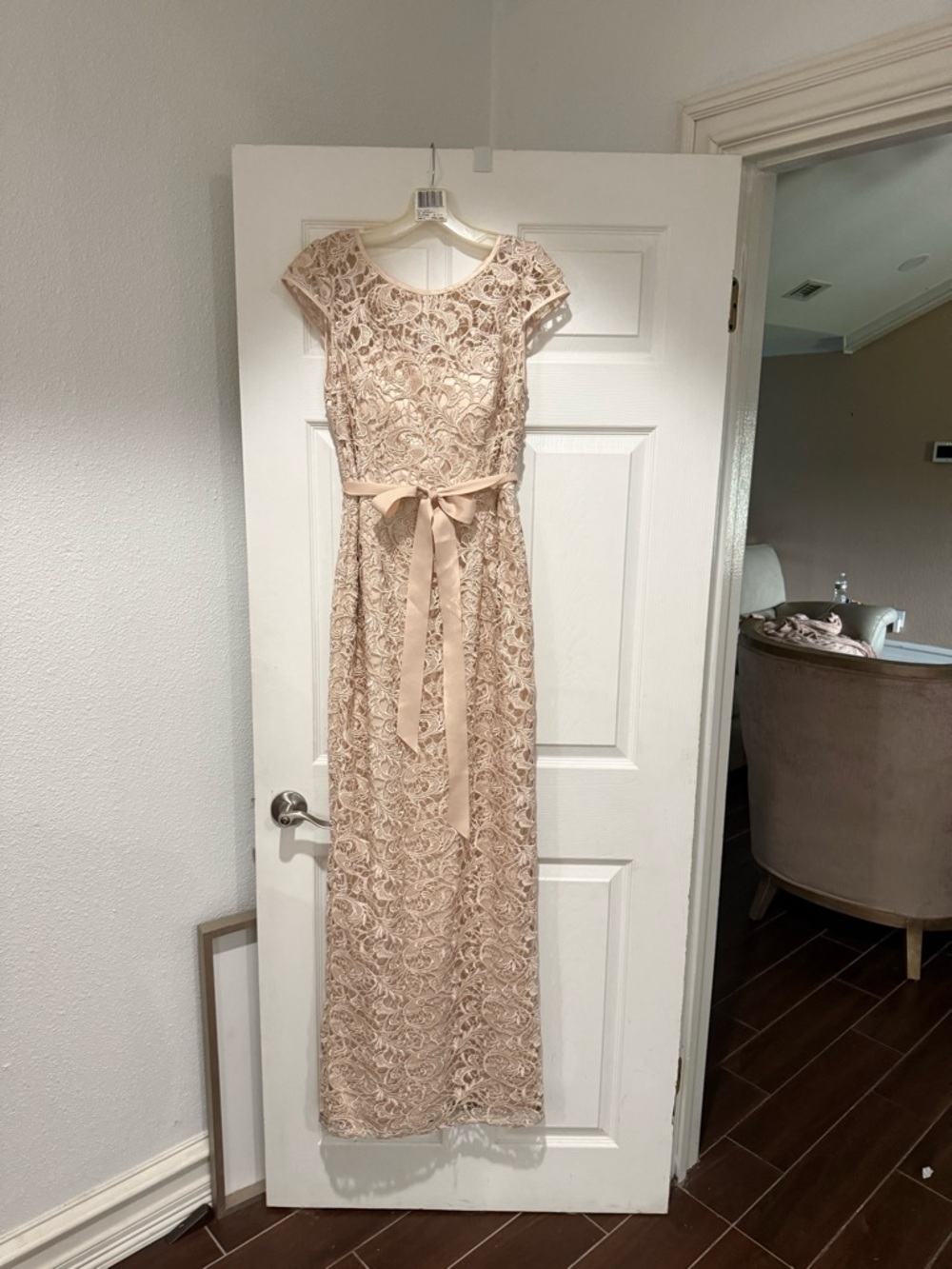 Adrianna Papell Beige Lace Cap-Sleeve Evening Gown